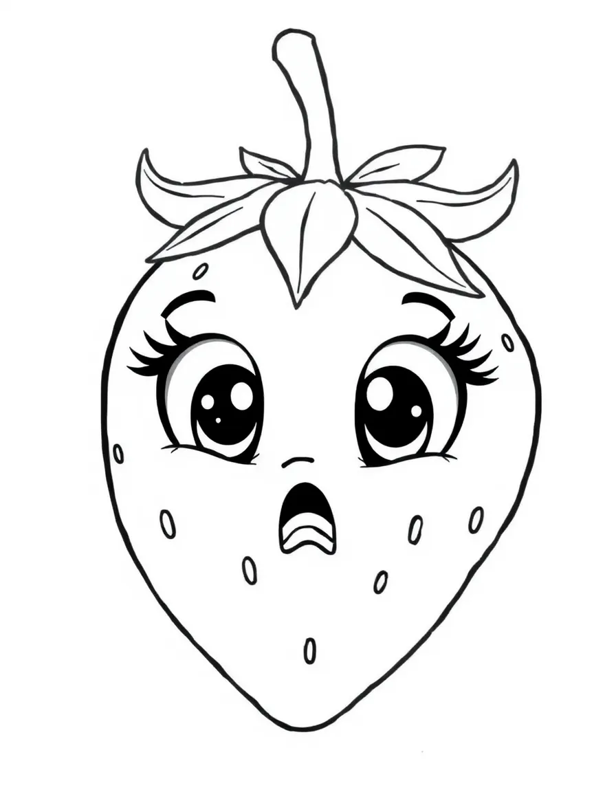 A surprised strawberry with wide eyes.