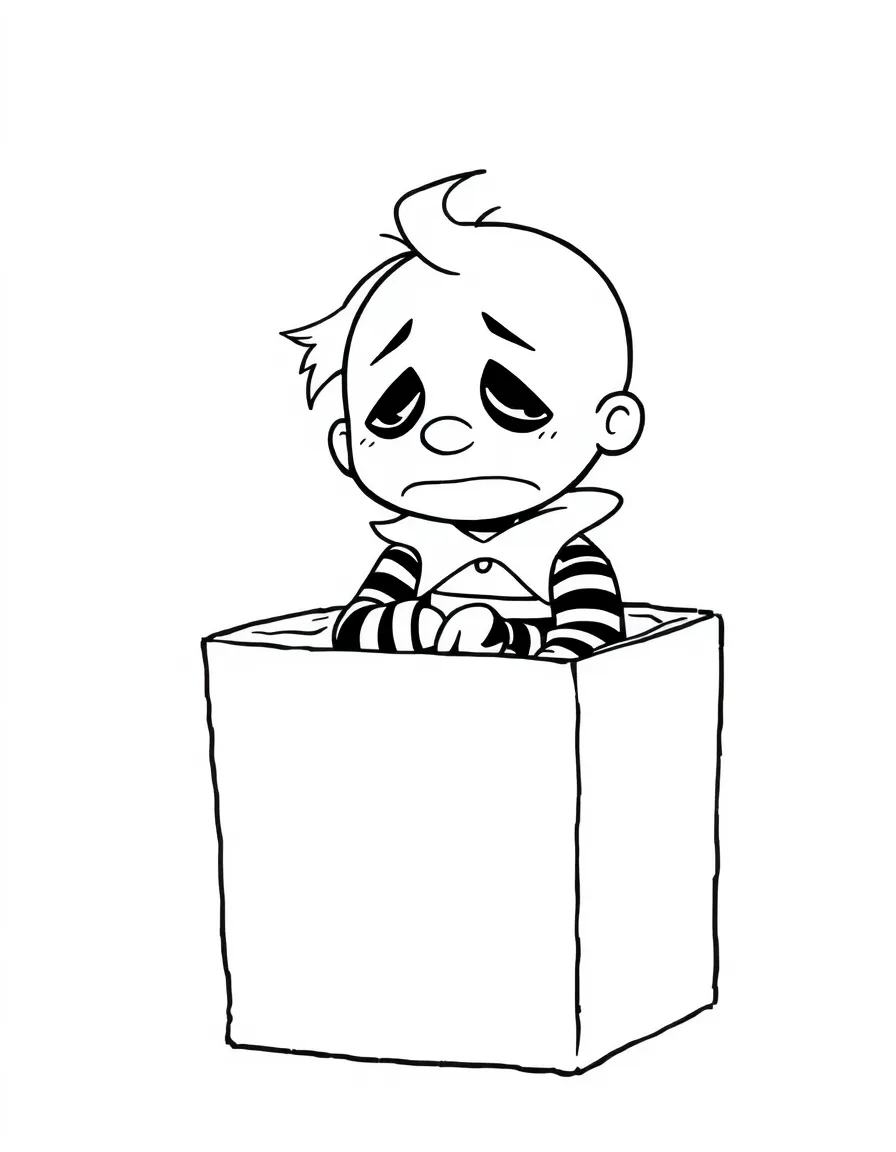 A sad mime stuck in a box.
