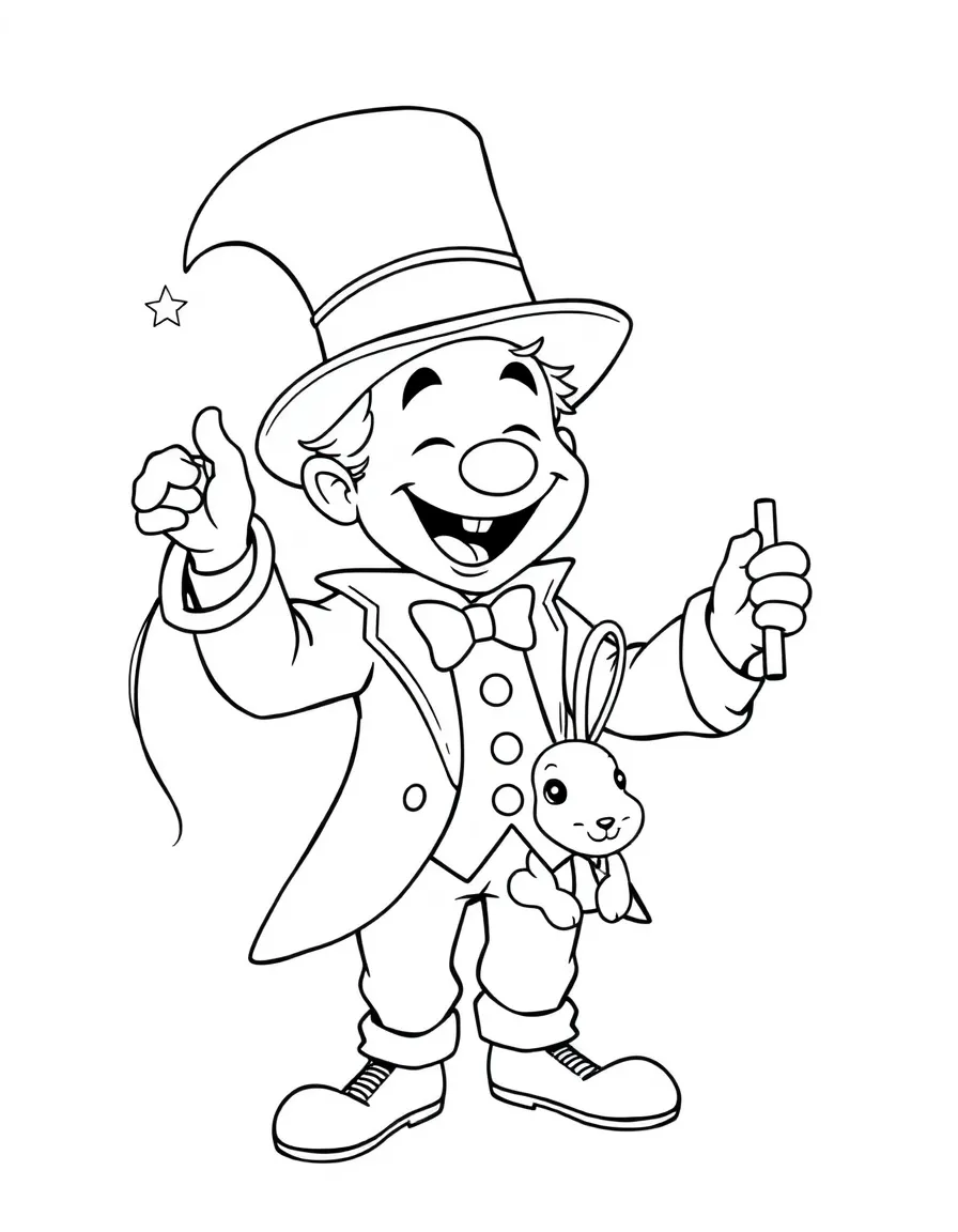 A laughing magician pulling a rabbit.