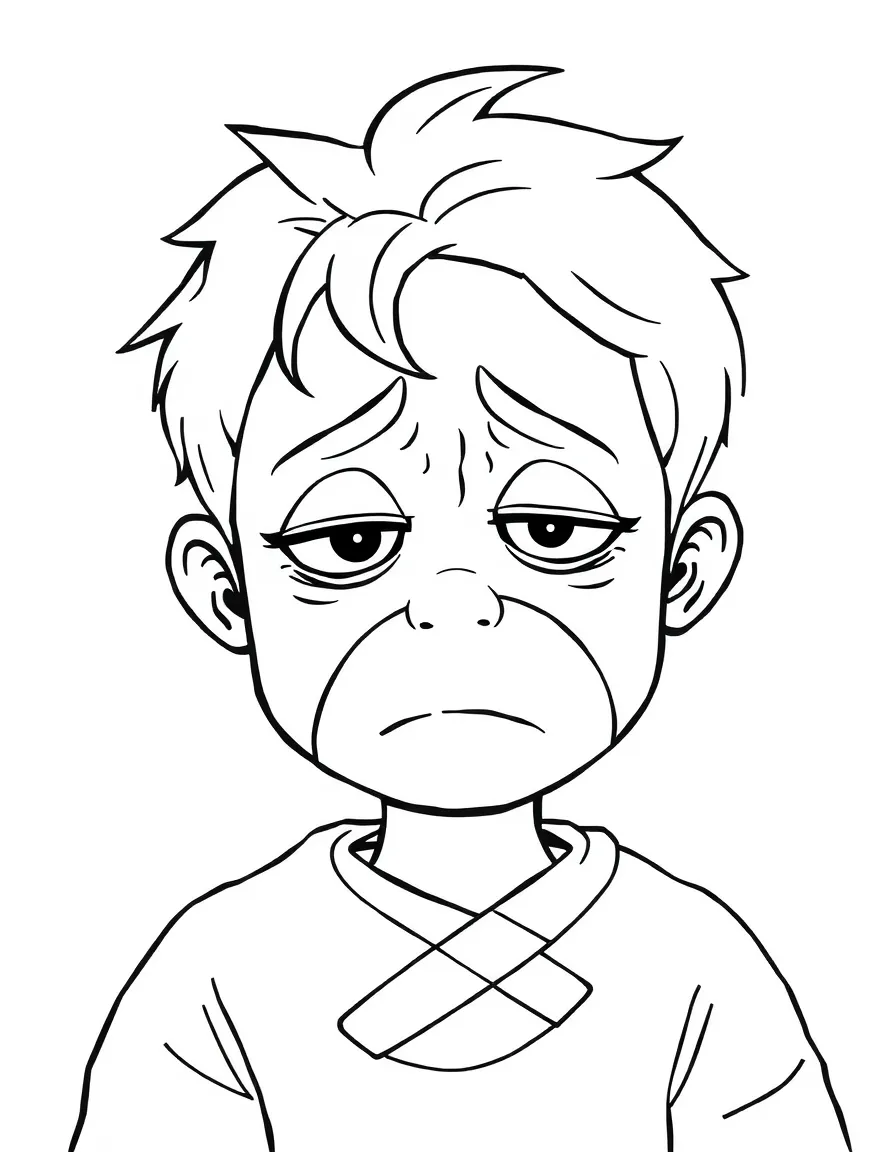 A sad patient with a bandage.