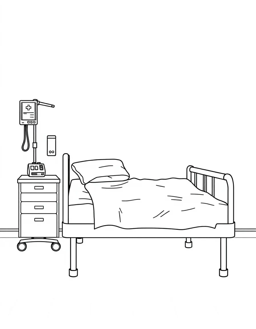 A bored hospital bed empty.