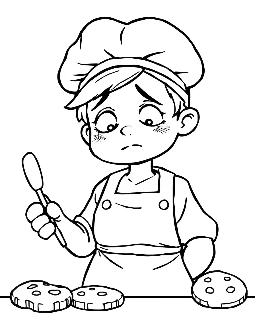 A sad baker with burnt cookies.