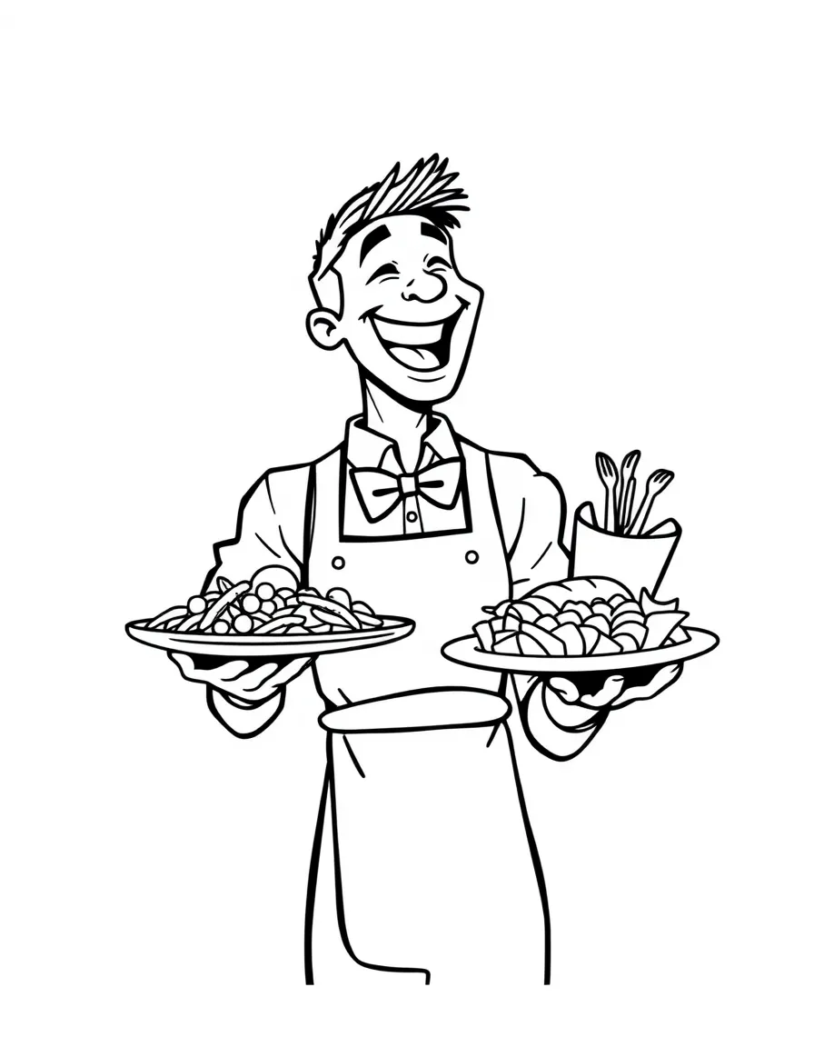 A laughing waiter carrying food.