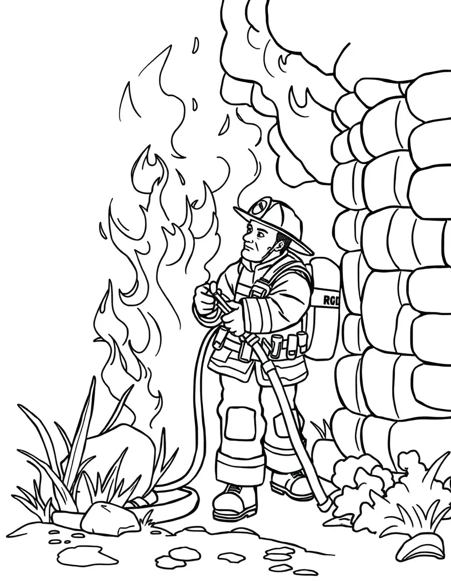 A brave fireman putting out fire.
