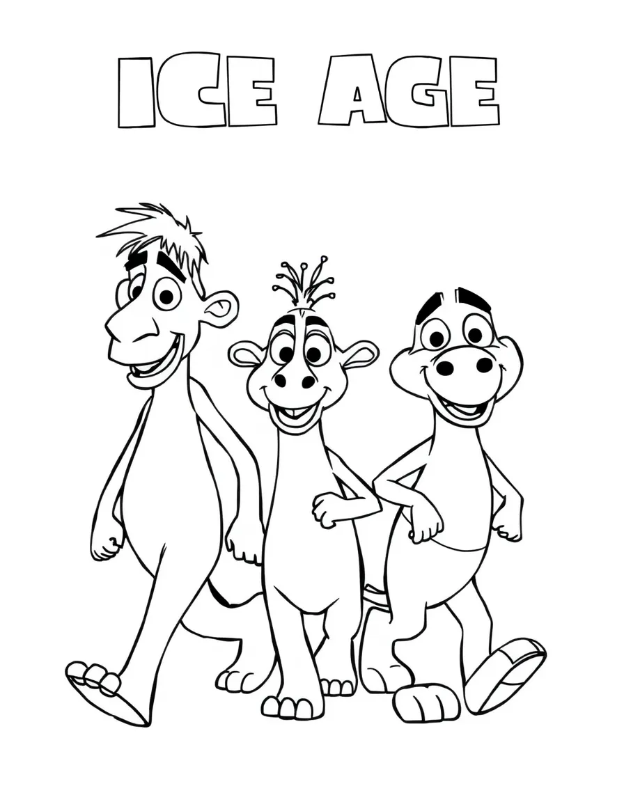 (characters in movie "Ice Age") Manny, Sid, and Diego walking together.