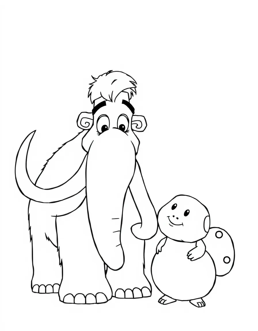 (characters in movie "Ice Age") Julian the mammoth smiling at Peaches.