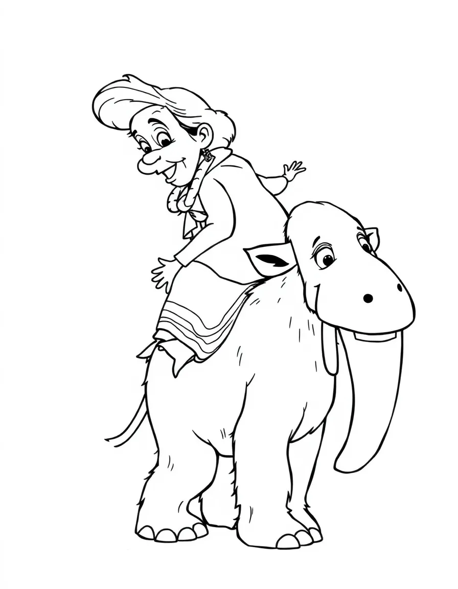 (characters in movie "Ice Age") Granny riding on Sid's back.