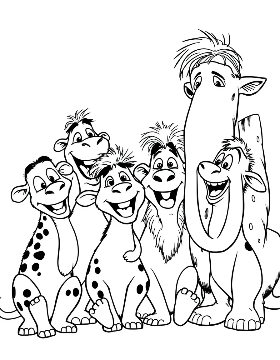 (characters in movie "Ice Age") The herd all together laughing.
