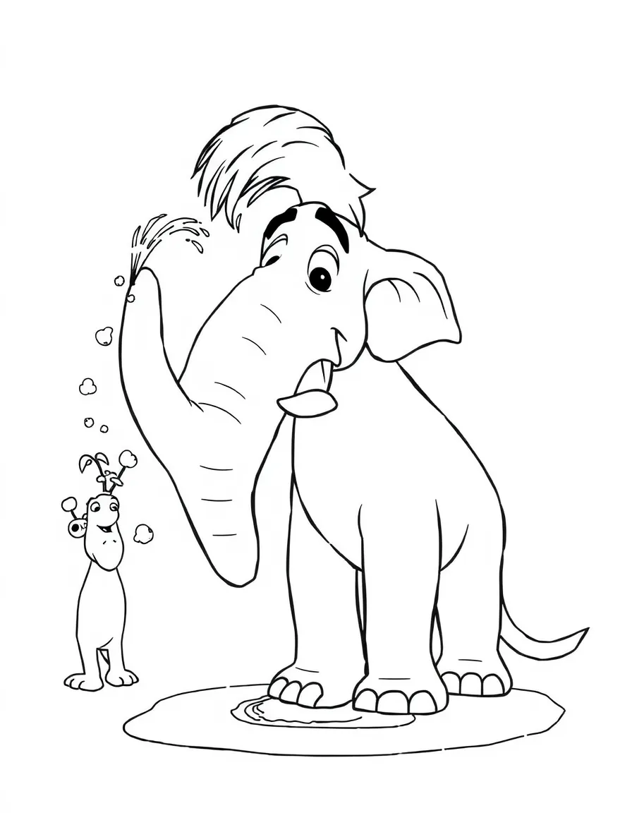 (characters in movie "Ice Age") Manny using his trunk to spray water.