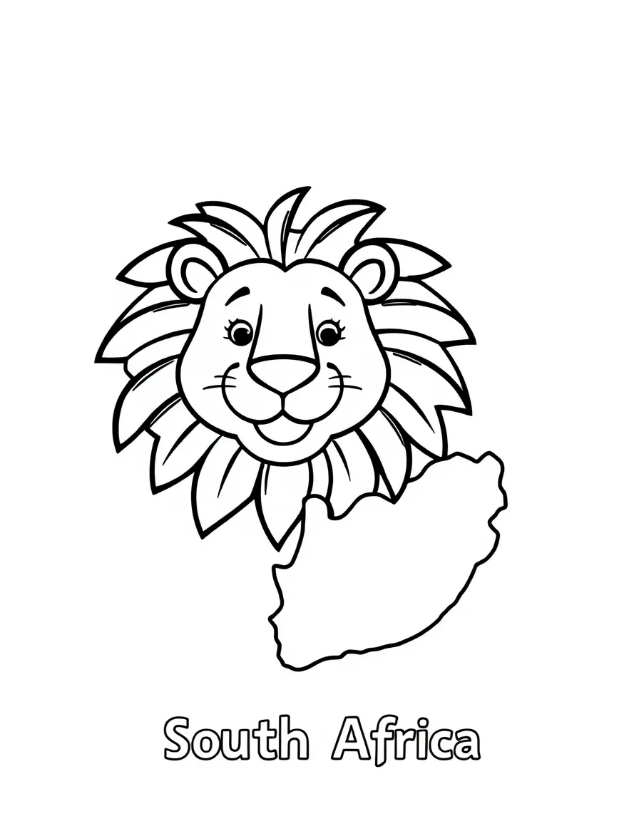 A friendly lion, a simple outline map of South Africa, and the word "South Africa"