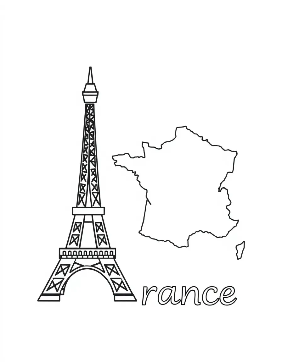 A cute Eiffel Tower, a simple outline map of France, and the word "France"