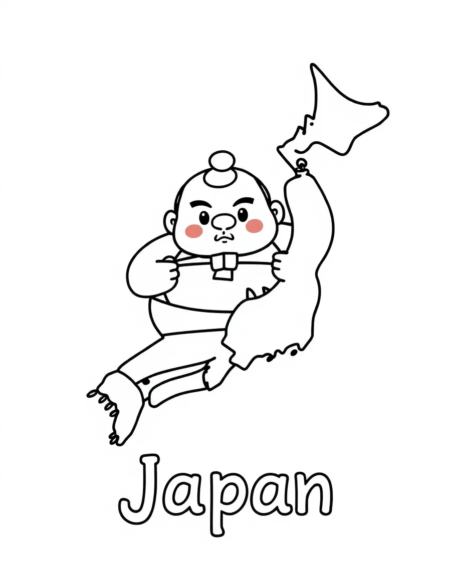 A little sumo wrestler, a simple outline map of Japan, and the word "Japan"