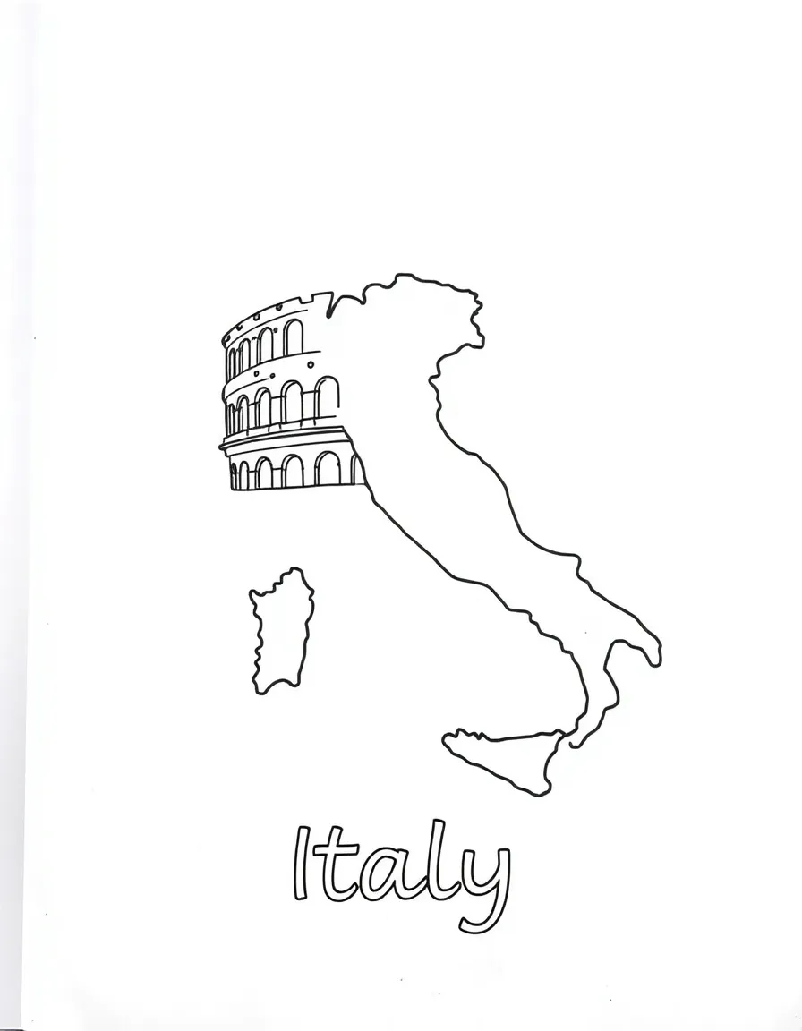 A tiny Colosseum, a simple outline map of Italy, and the word "Italy"