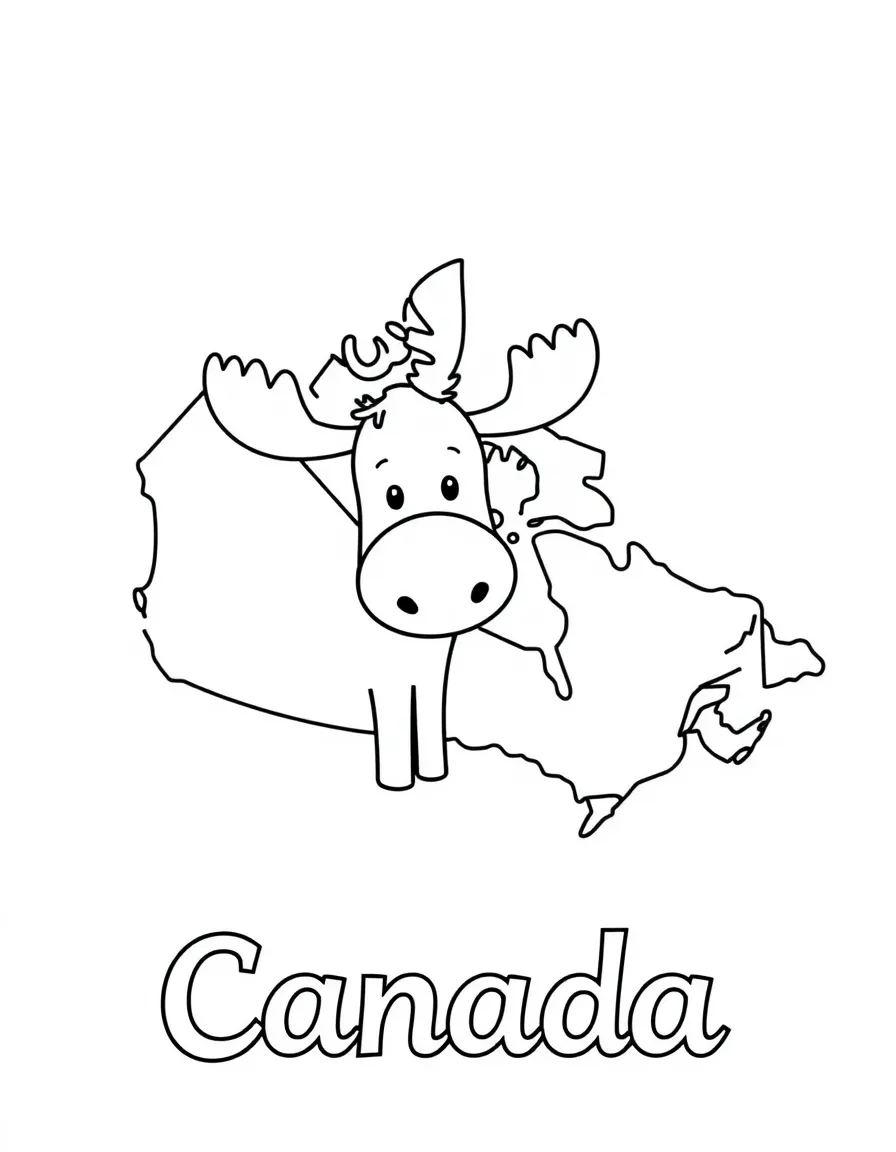 A cute moose, a simple outline map of Canada, and the word "Canada"