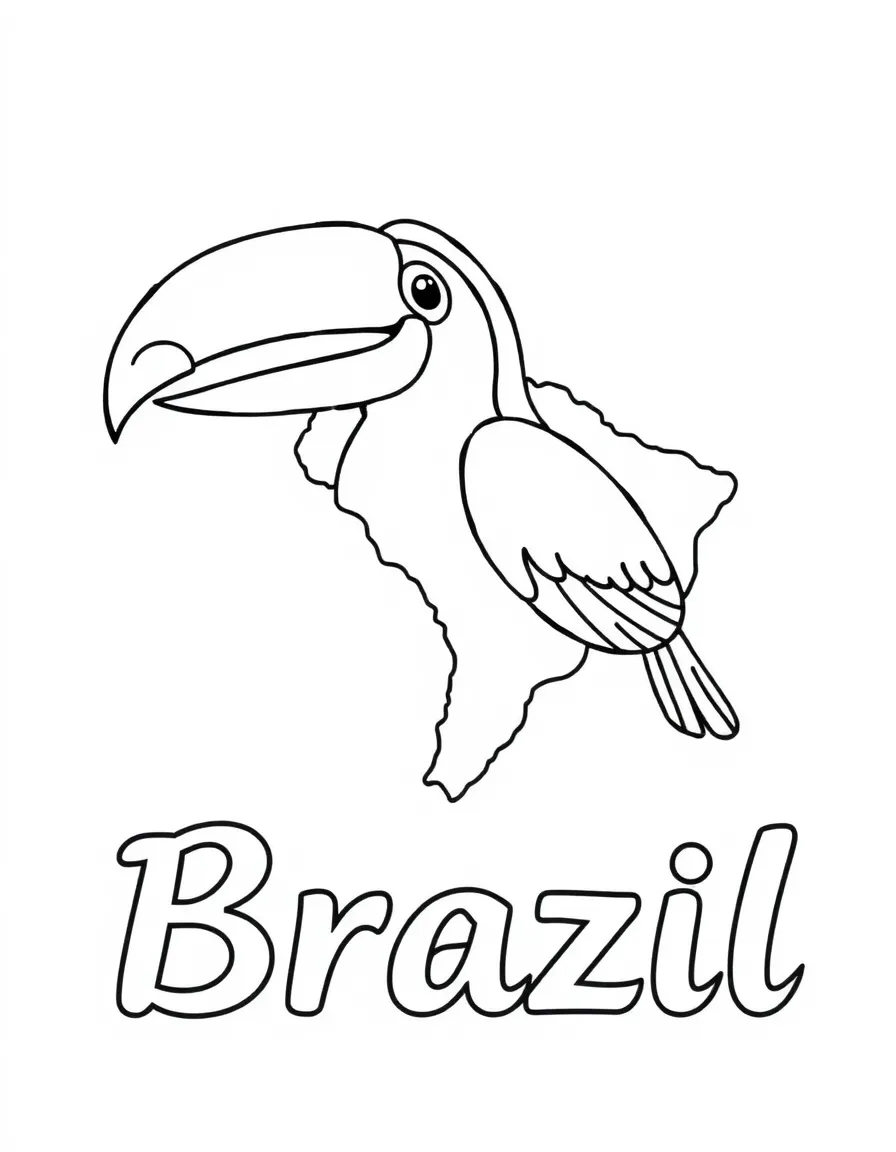 A happy toucan, a simple outline map of Brazil, and the word "Brazil"