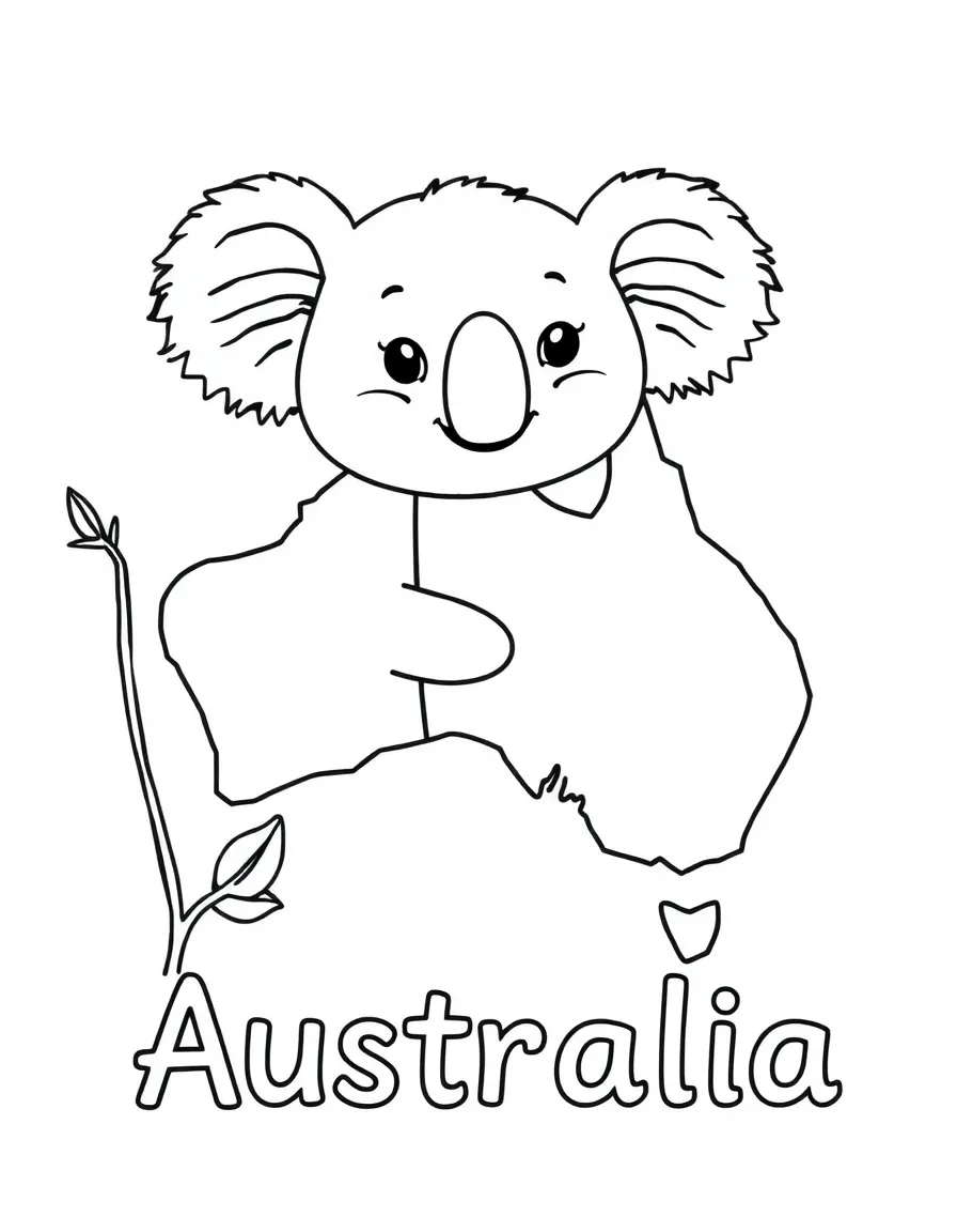 A friendly koala, a simple outline map of Australia, and the word "Australia"
