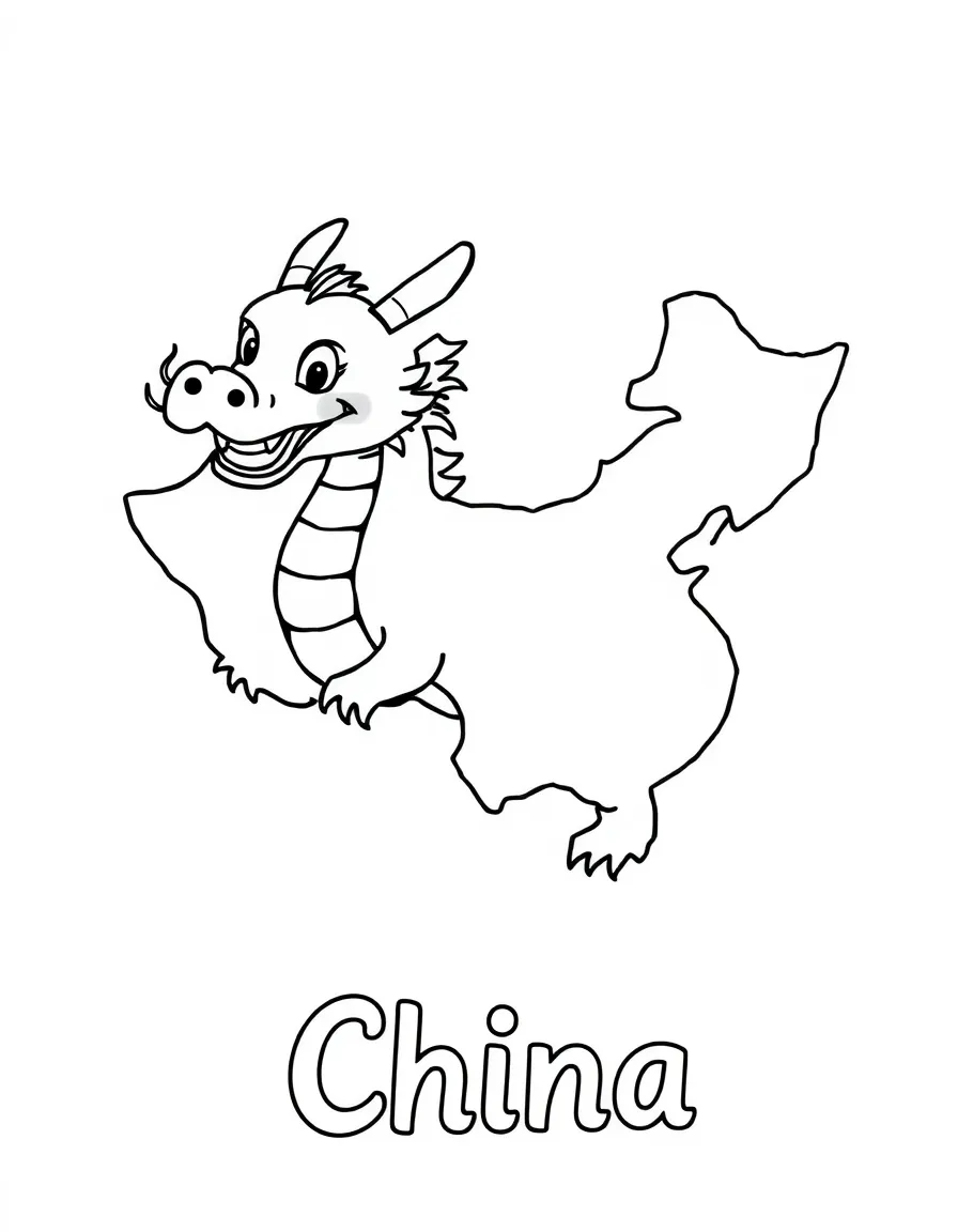 A little dragon, a simple outline map of China, and the word "China"