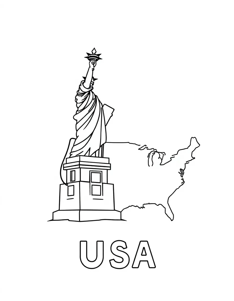 A small Statue of Liberty, a simple outline map of USA, and the word "USA"