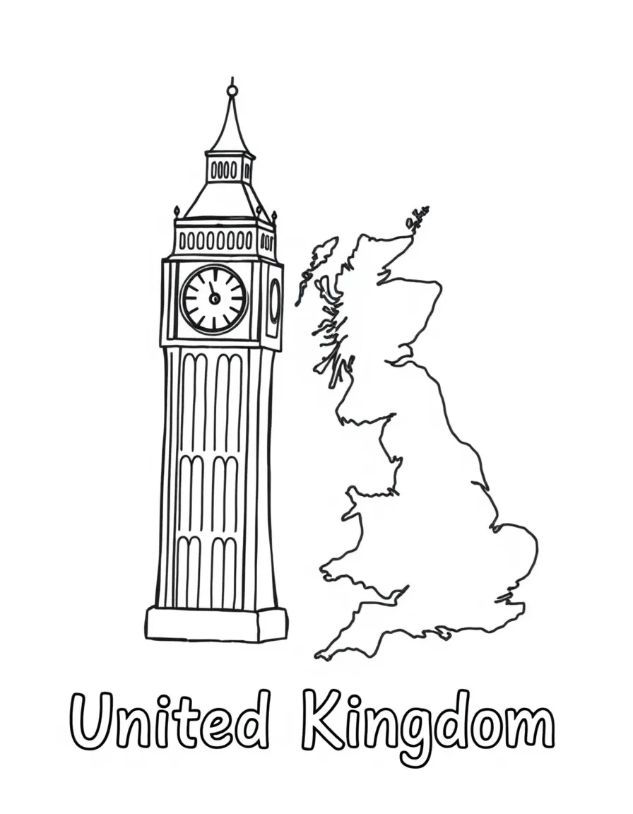 A friendly Big Ben, a simple outline map of United Kingdom, and the word "United Kingdom"