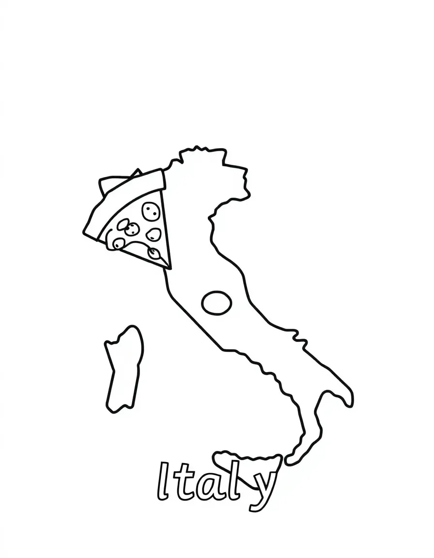 A small pizza slice, a simple outline map of Italy, and the word "Italy"