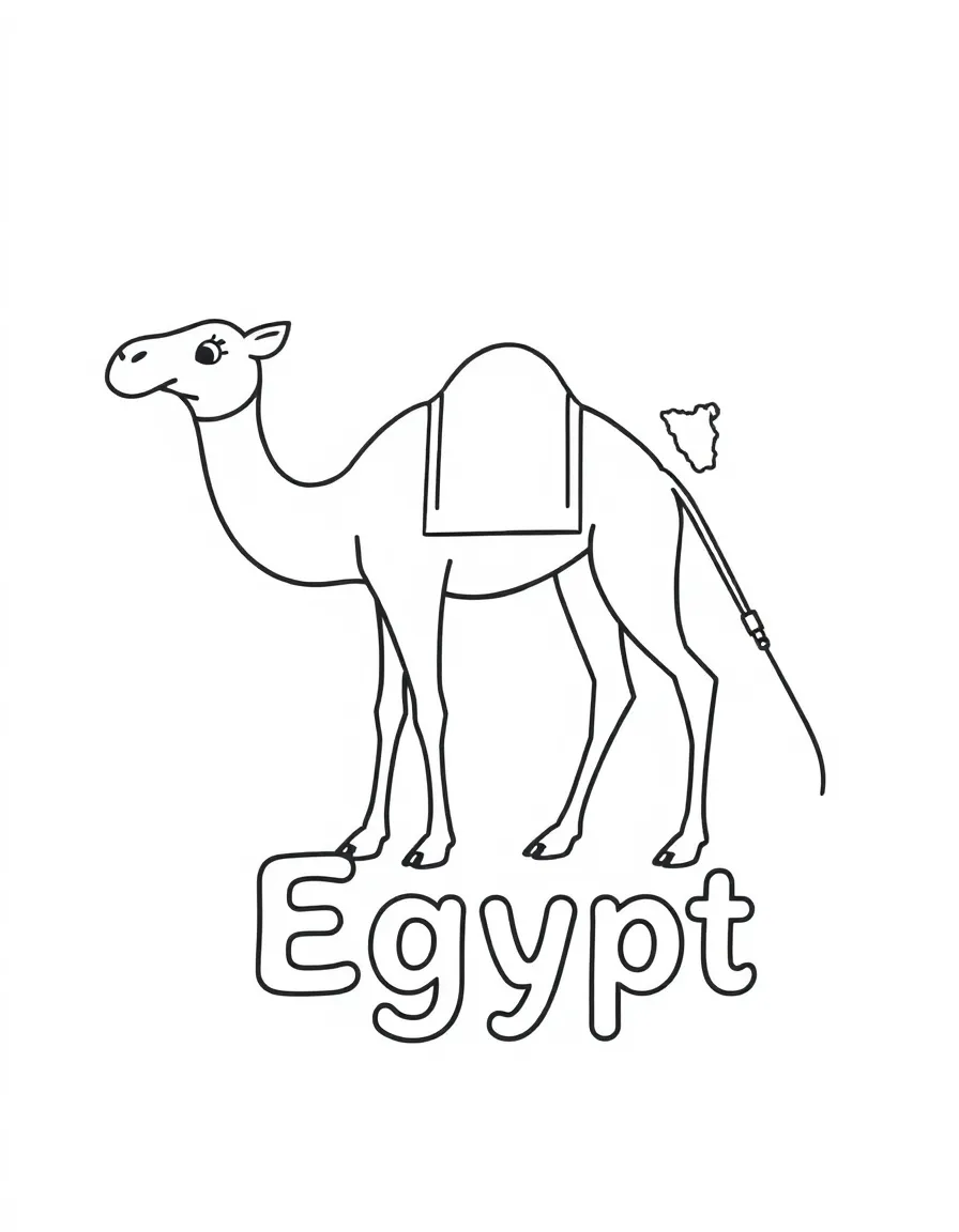 A cute camel, a simple outline map of Egypt, and the word "Egypt"