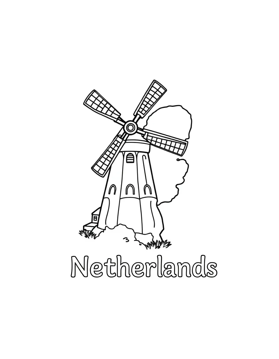 A happy windmill, a simple outline map of Netherlands, and the word "Netherlands"