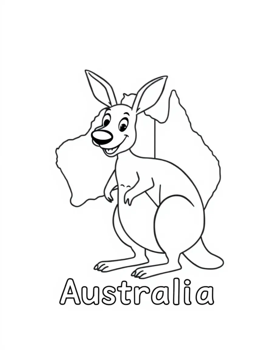 A happy kangaroo, a simple outline map of Australia, and the word "Australia"