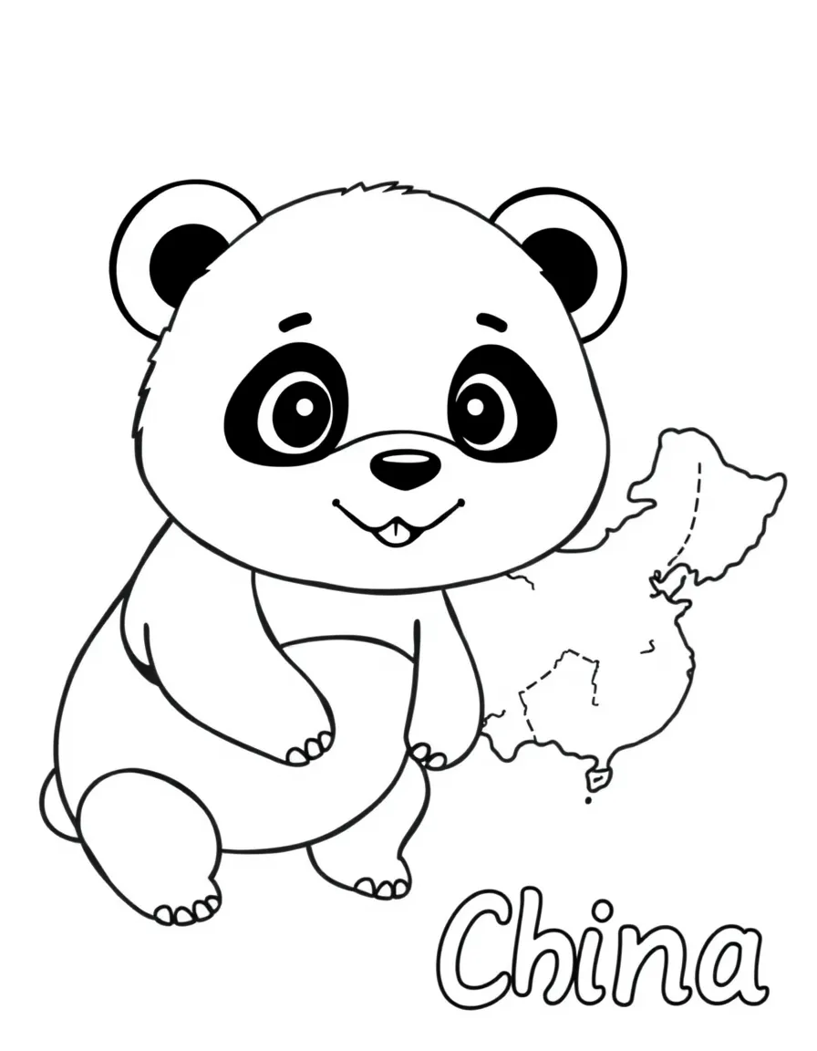 A cute panda, a simple outline map of China, and the word "China"