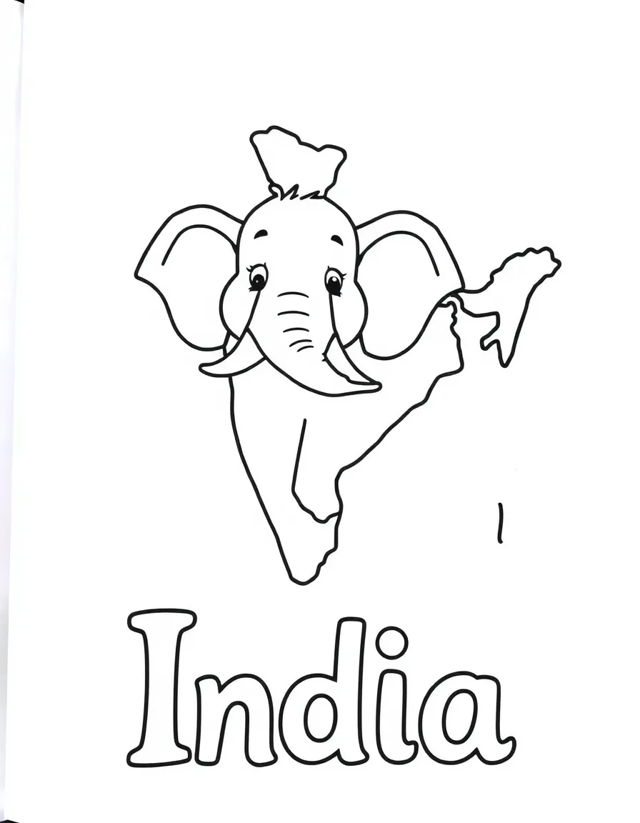 A friendly elephant, a simple outline map of India, and the word "India"