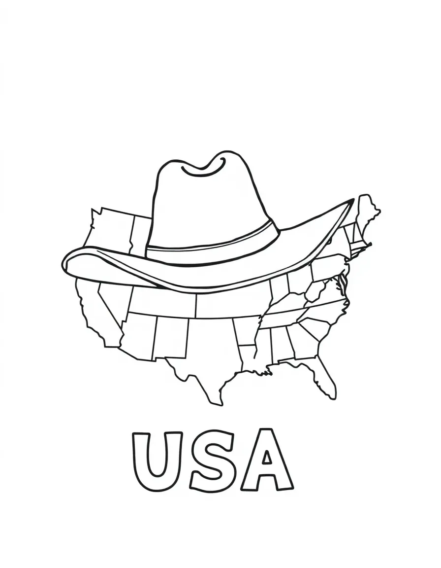 A cheerful cowboy hat, a simple outline map of USA, and the word "USA"