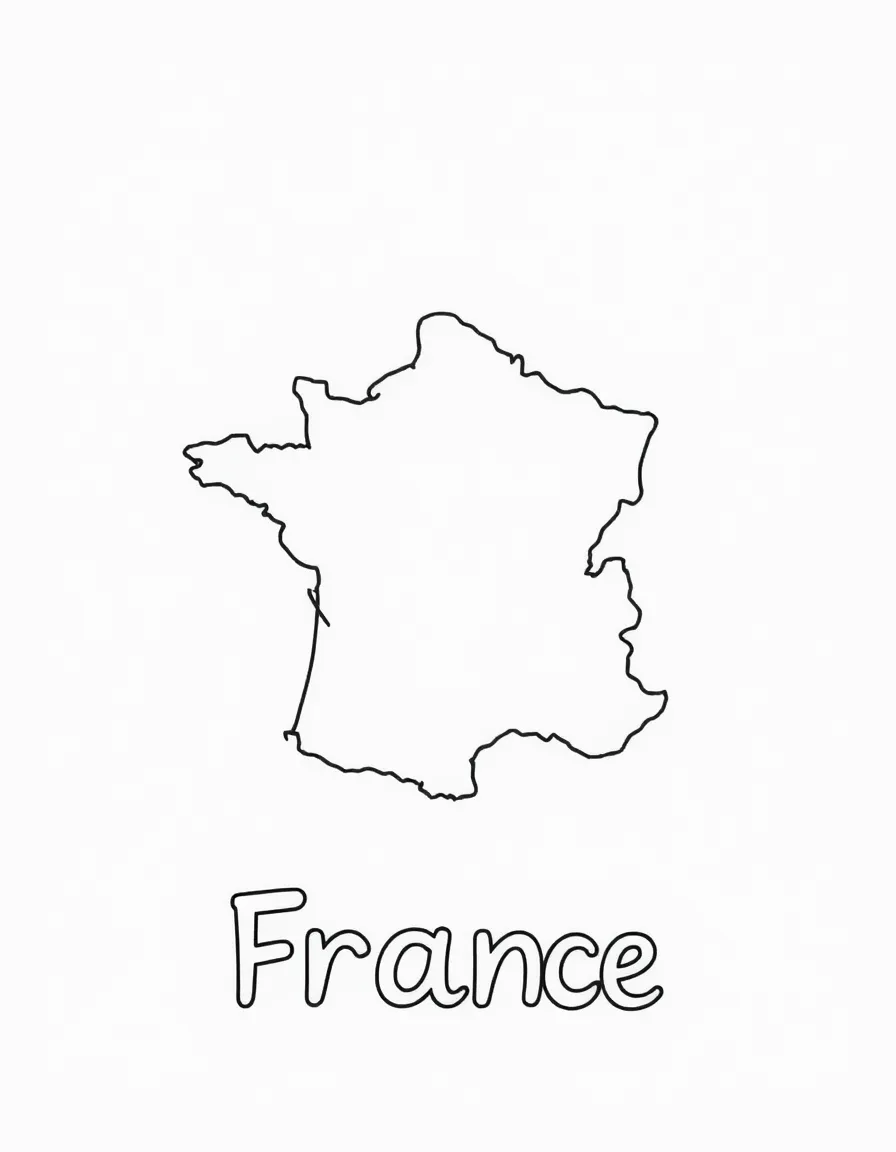 A cute baguette, a simple outline map of France, and the word "France"
