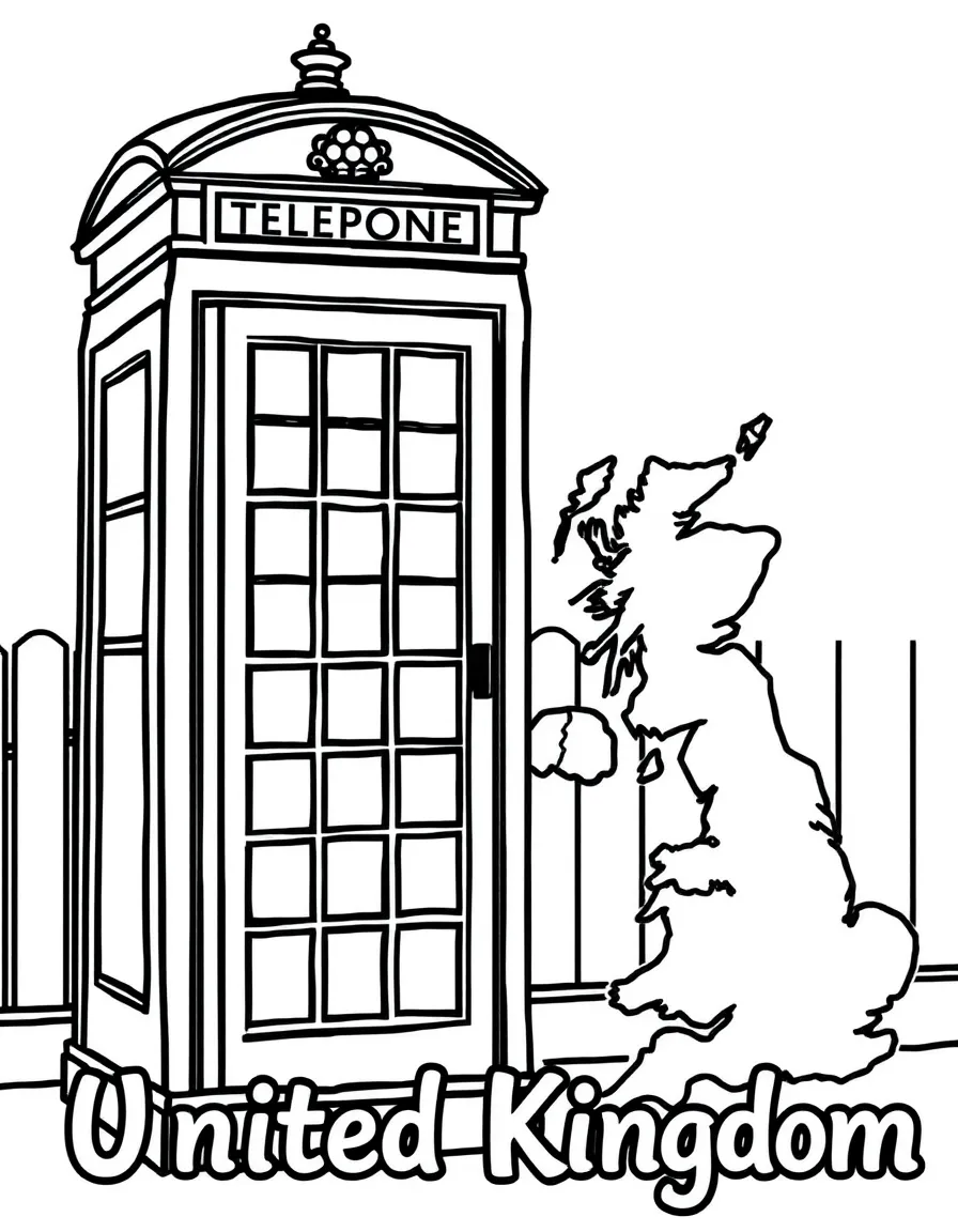 A friendly telephone booth, a simple outline map of United Kingdom, and the word "United Kingdom"