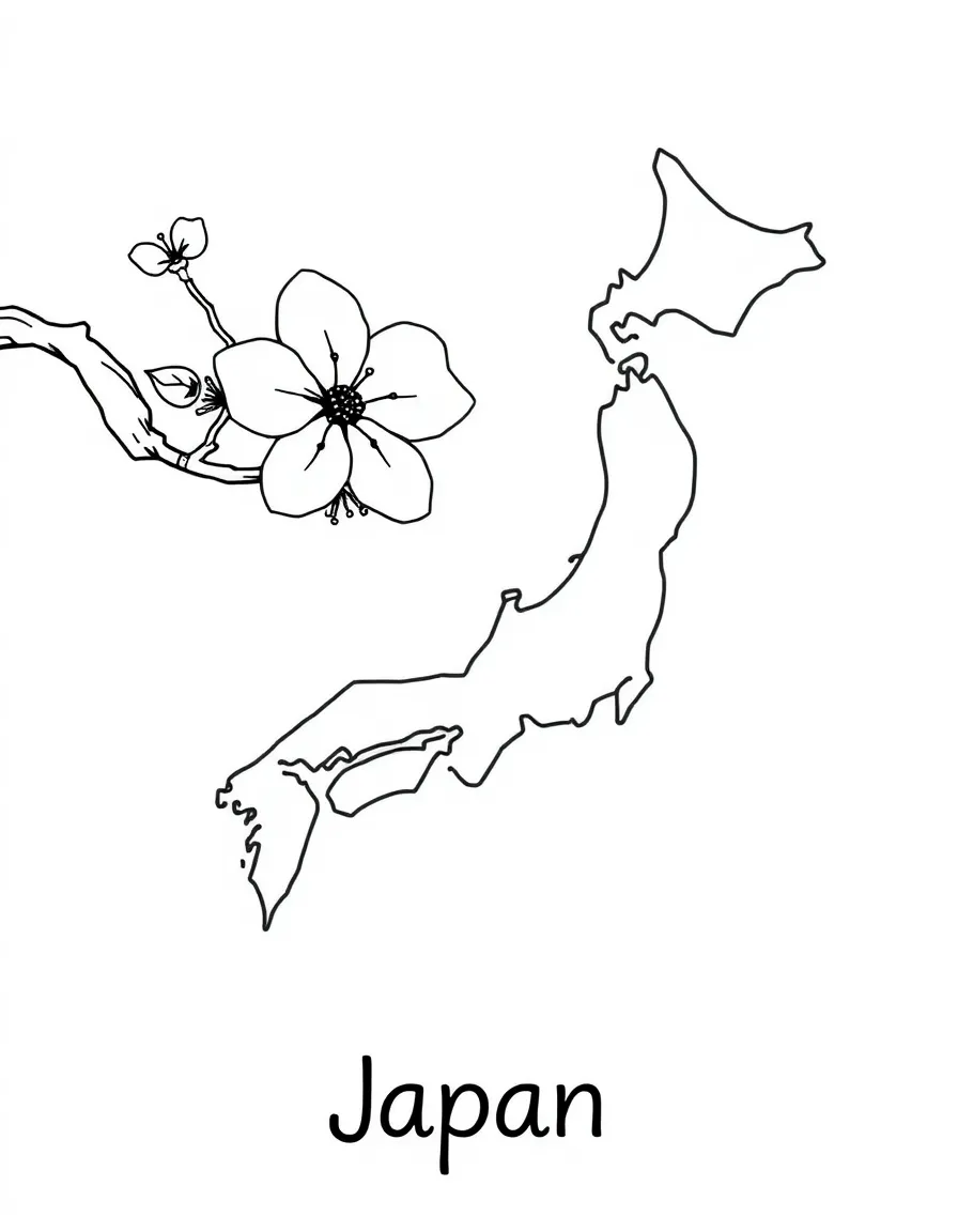 A little cherry blossom, a simple outline map of Japan, and the word "Japan"