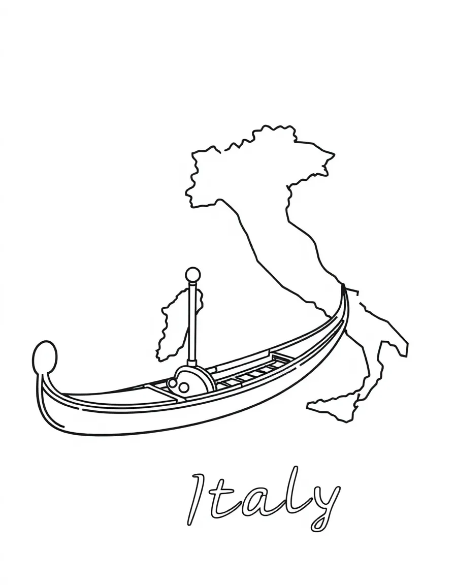 A small gondola, a simple outline map of Italy, and the word "Italy"