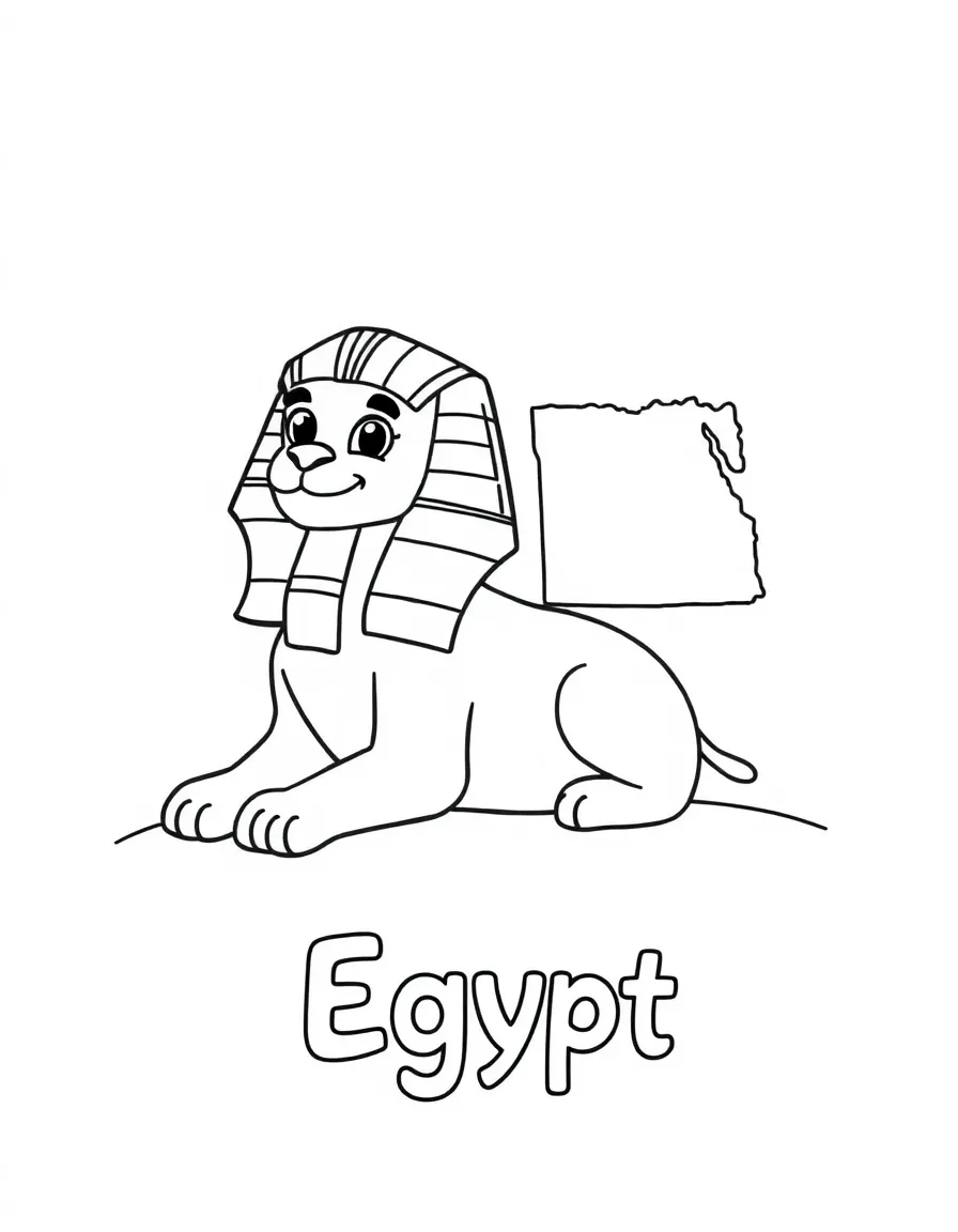 A cute Sphinx, a simple outline map of Egypt, and the word "Egypt"