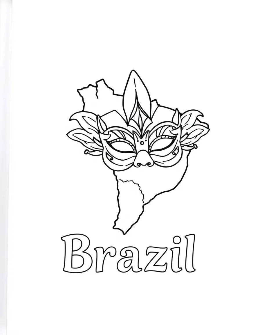 A little Carnival mask, a simple outline map of Brazil, and the word "Brazil"