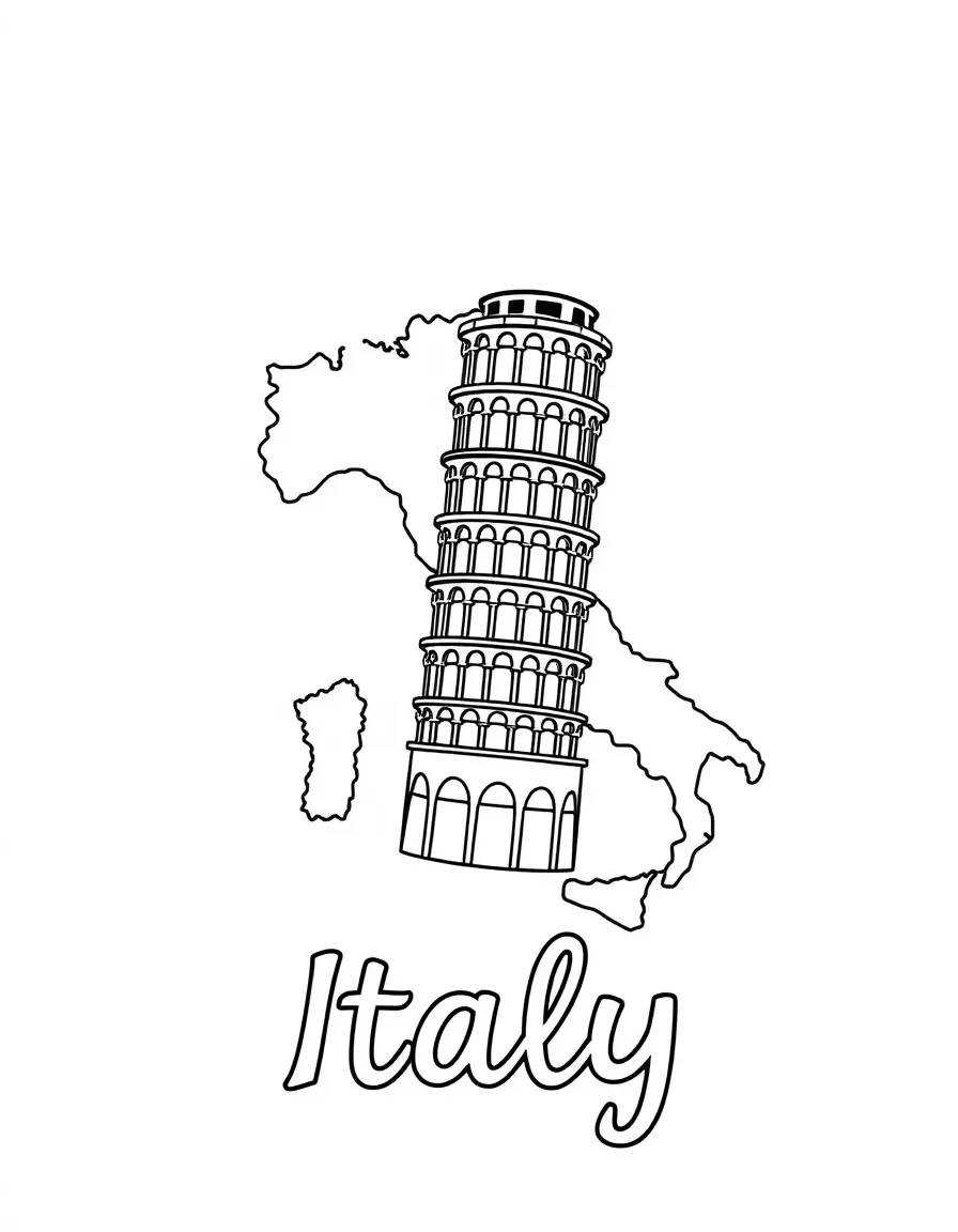 A small leaning tower, a simple outline map of Italy, and the word "Italy"