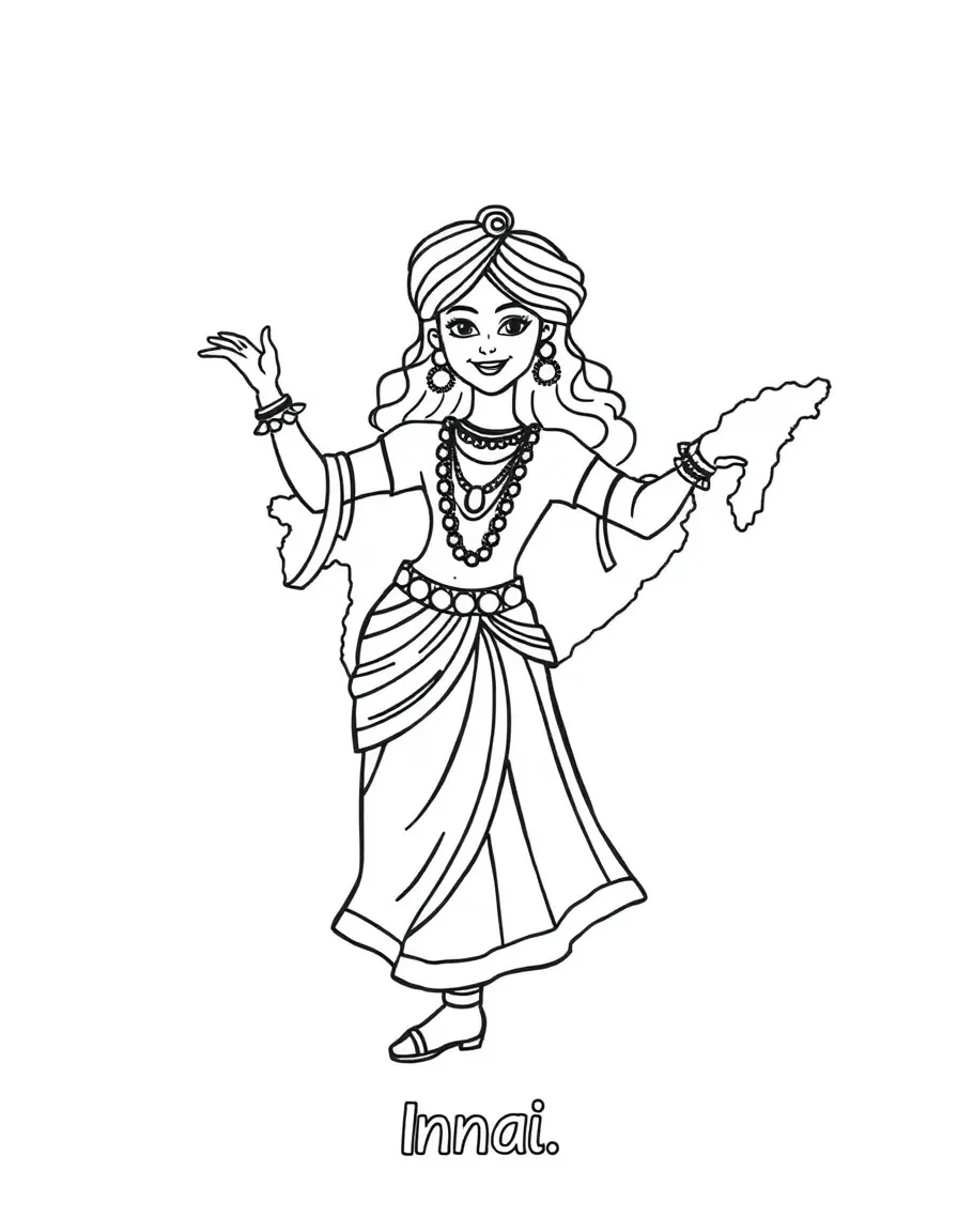 A friendly Bollywood dancer, a simple outline map of India, and the word "India"