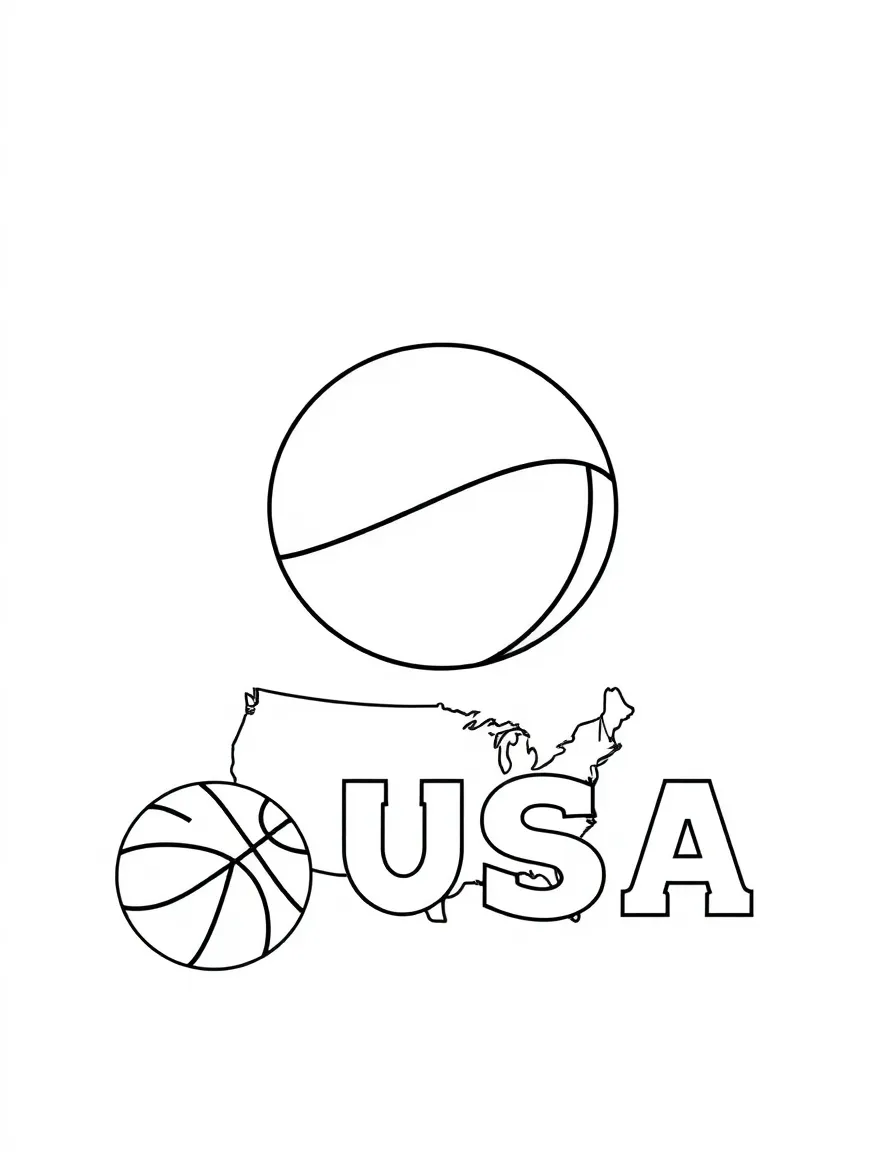 A cheerful basketball, a simple outline map of USA, and the word "USA"