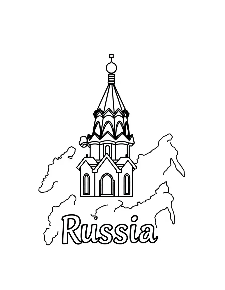 A small onion dome, a simple outline map of Russia, and the word "Russia"