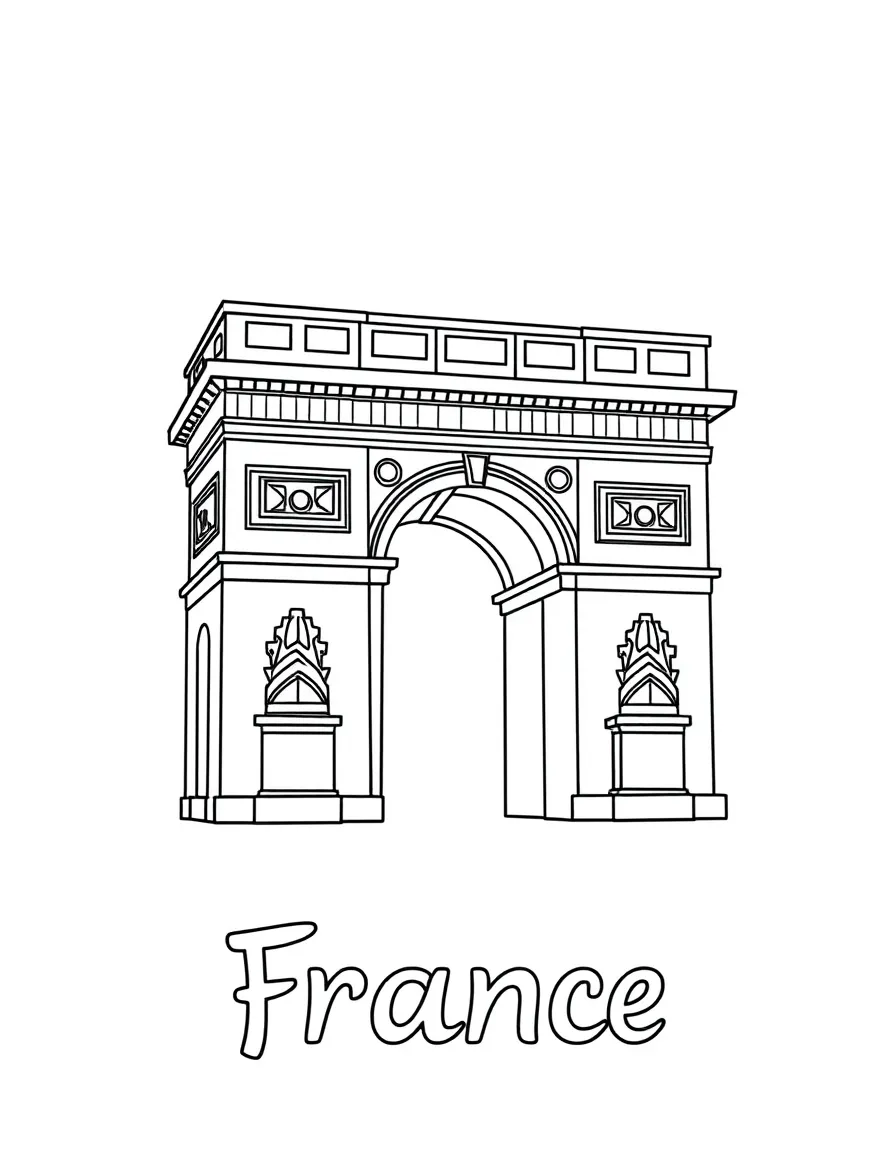 A cute Arc de Triomphe, a simple outline map of France, and the word "France"