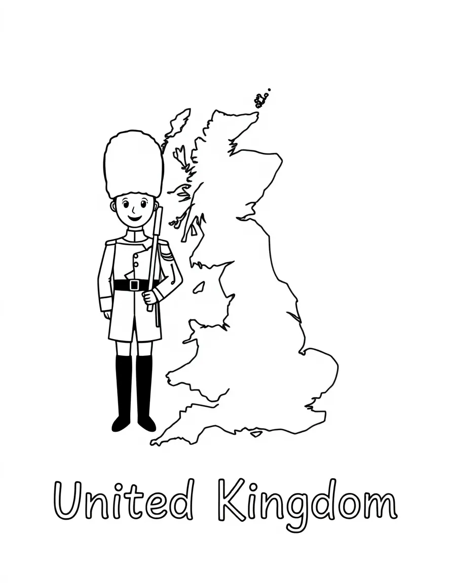 A friendly guard, a simple outline map of United Kingdom, and the word "United Kingdom"