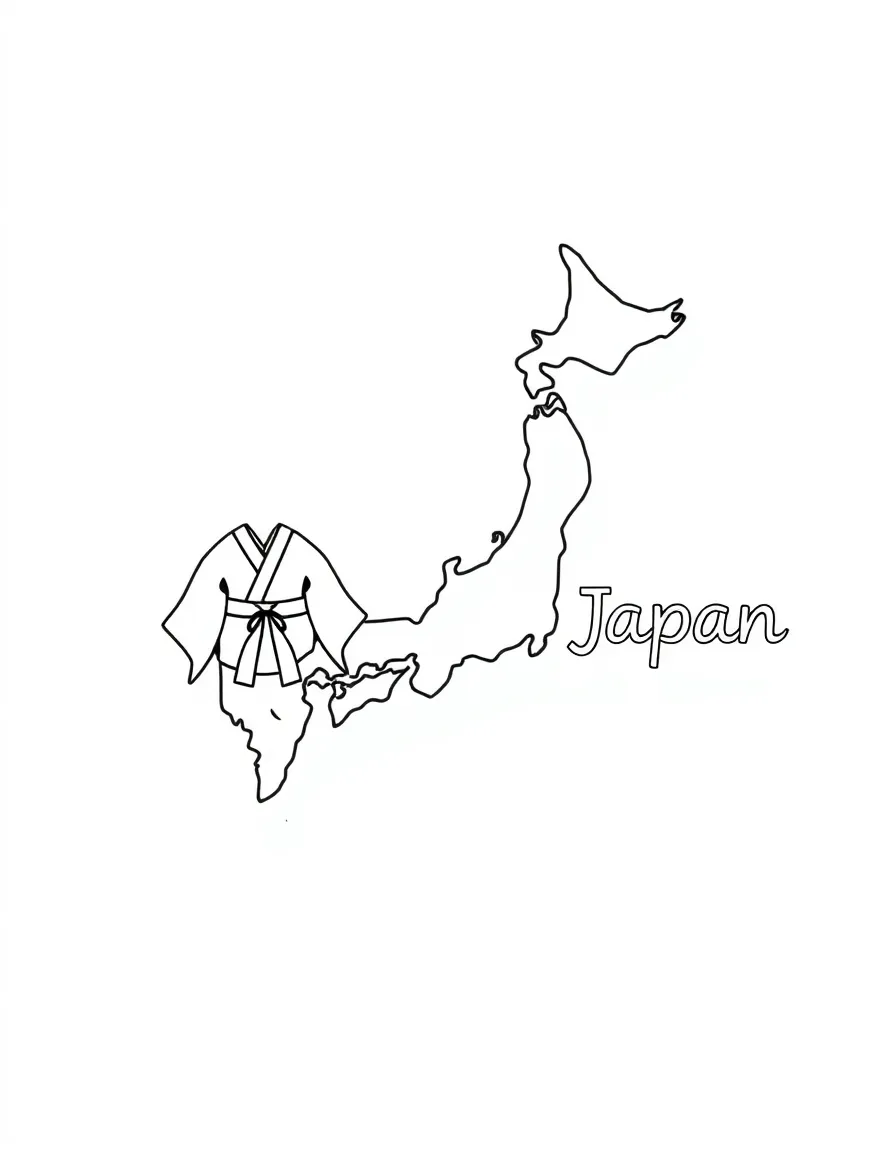 A little kimono, a simple outline map of Japan, and the word "Japan"