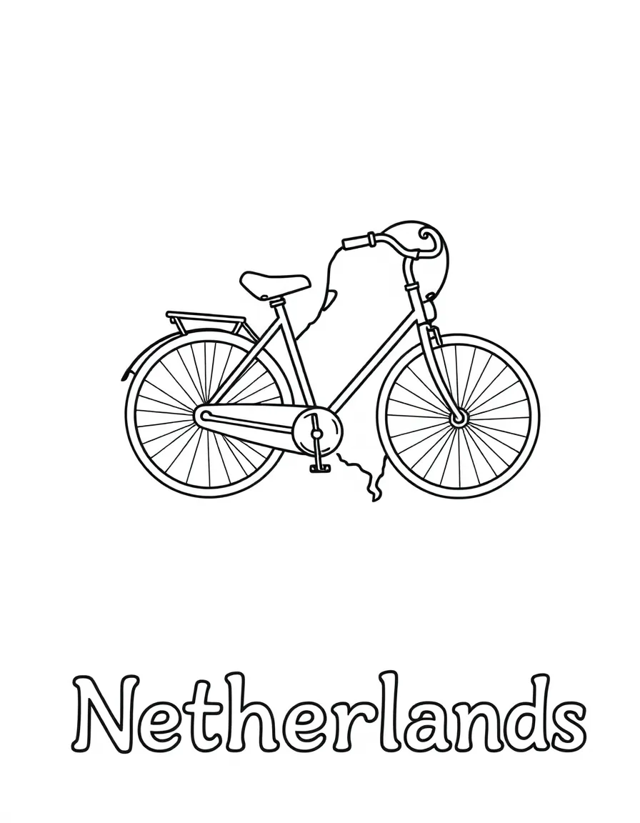 A happy bicycle, a simple outline map of Netherlands, and the word "Netherlands"