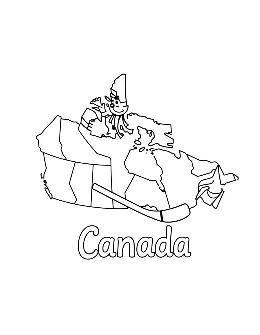 A friendly hockey stick, a simple outline map of Canada, and the word "Canada"