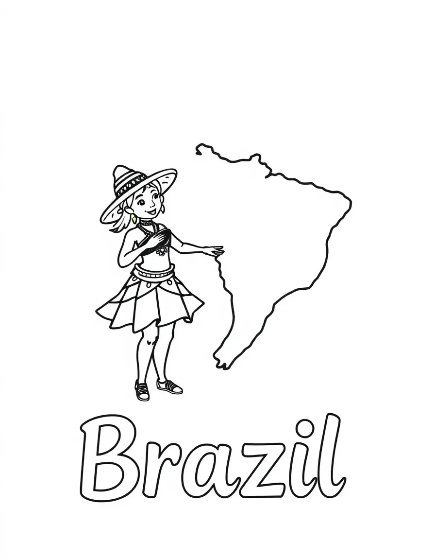 A little samba dancer, a simple outline map of Brazil, and the word "Brazil"