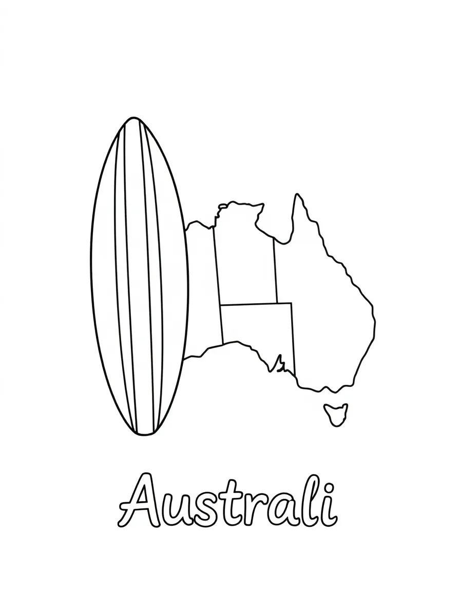 A happy surf board, a simple outline map of Australia, and the word "Australia"