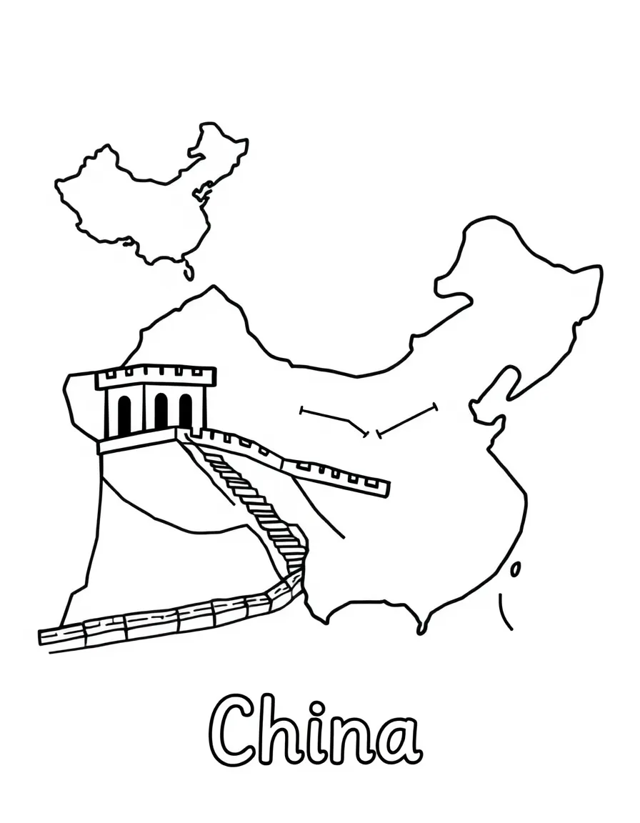 A cute Great Wall, a simple outline map of China, and the word "China"