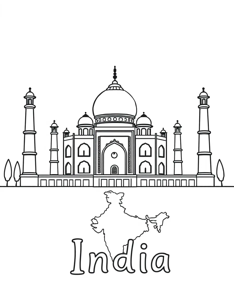 A friendly Taj Mahal, a simple outline map of India, and the word "India"