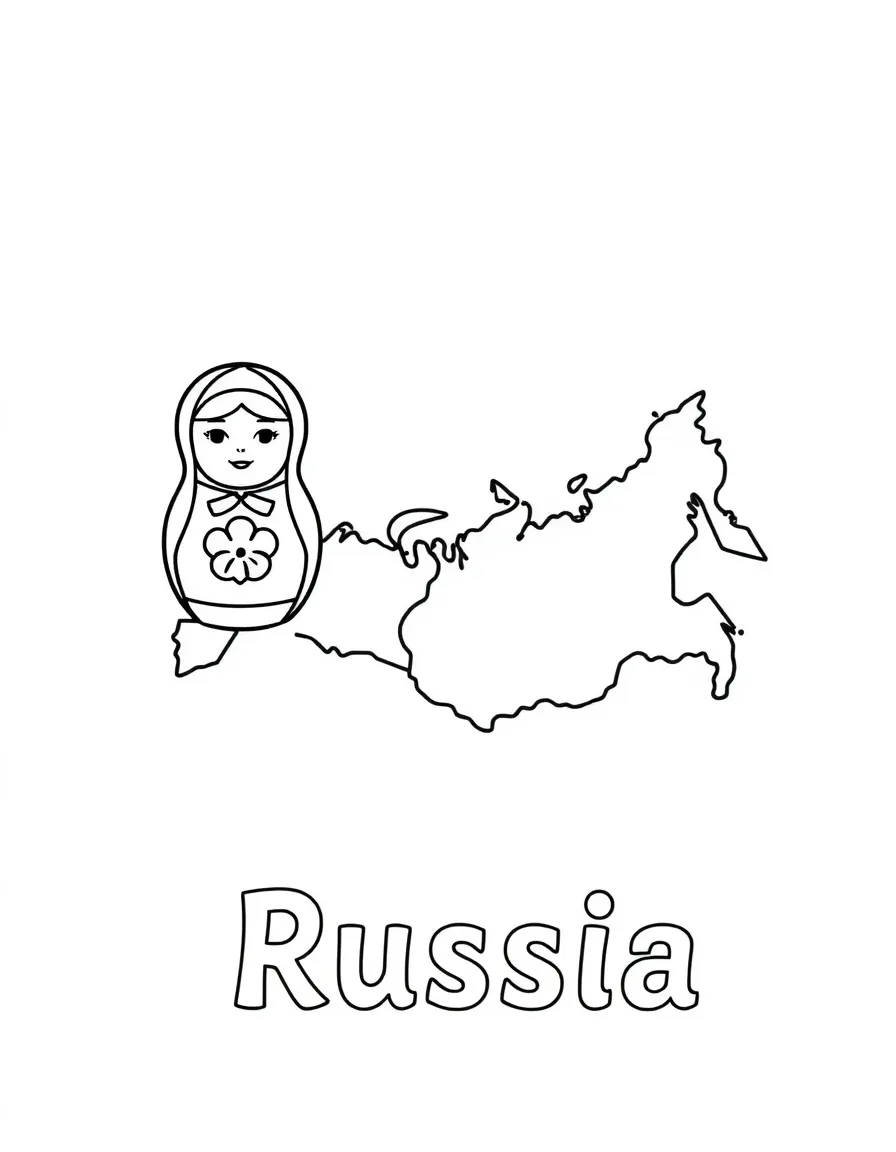 A small nesting doll, a simple outline map of Russia, and the word "Russia"